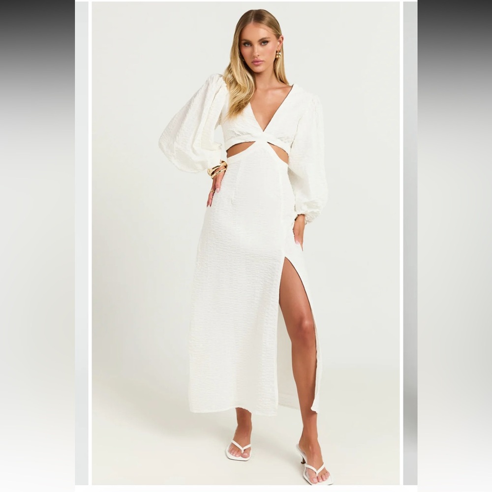 BNWT- Showpo MIGGY MIDI DRESS - Puff Sleeve Cut Out Split Dress - Size US 10